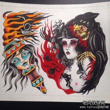 一幅另类很酷的骷髅与美女纹身手稿