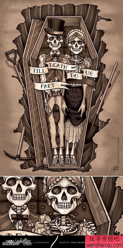 流行很帅的一幅骷髅夫妻纹身手稿