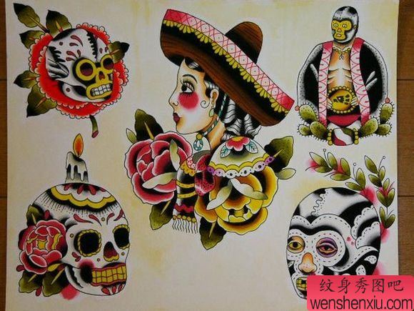 流行很酷的一组骷髅纹身手稿