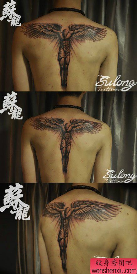 经典很酷的一幅后背守护天使纹身图案