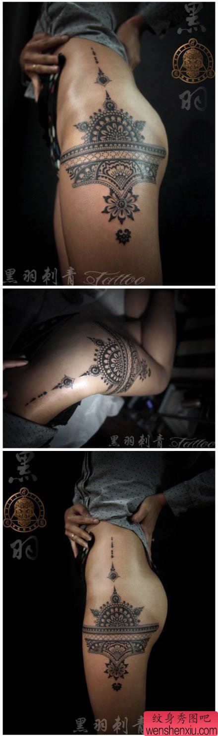 女生腿部胯部海娜花纹身图案