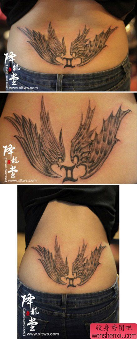美女后腰精美流行的天使与恶魔翅膀纹身图案
