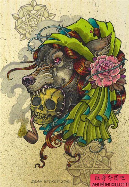 超酷很帅的一幅狼头纹身手稿