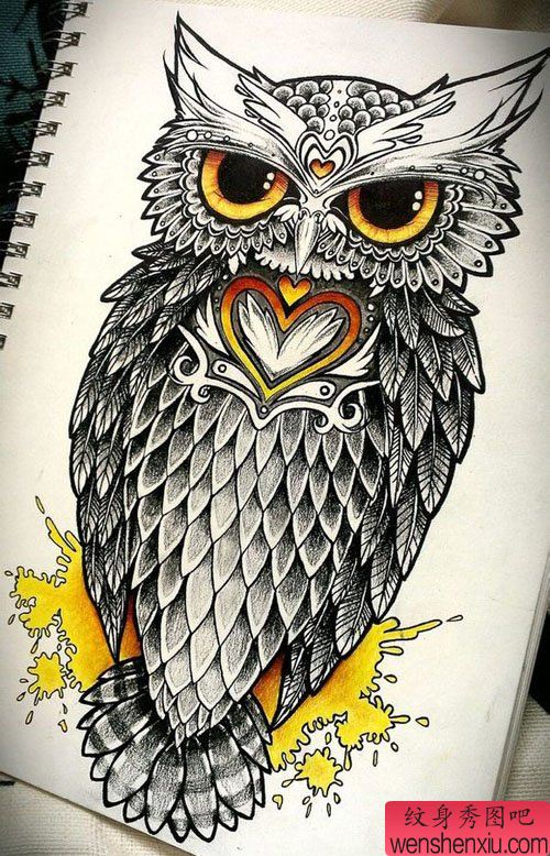 经典很帅的一幅猫头鹰纹身手稿