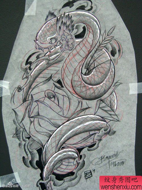 流行很帅的一幅蛇玫瑰花纹身手稿