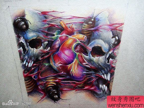 流行很酷的欧美彩色心脏与骷髅纹身手稿