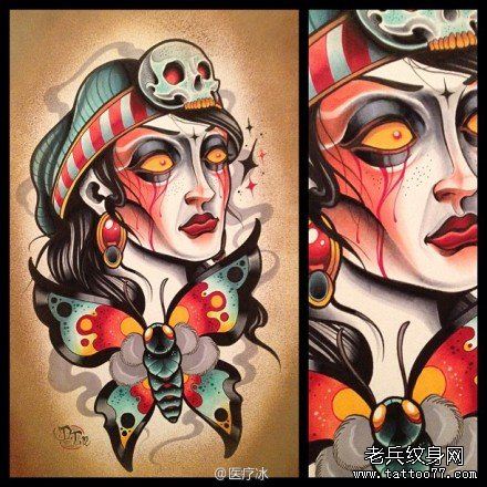 流行漂亮的欧美美女与蛾子纹身手稿