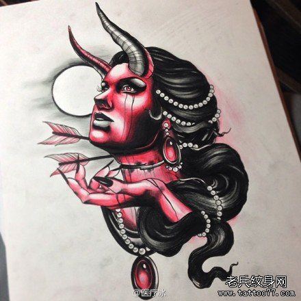 流行很帅的一幅美女恶魔纹身手稿