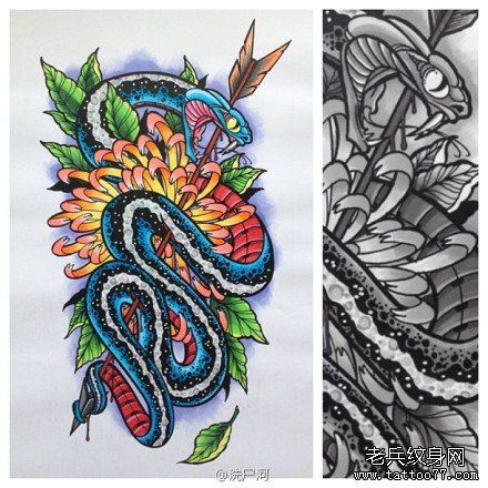 流行很帅的一幅new school蛇纹身手稿