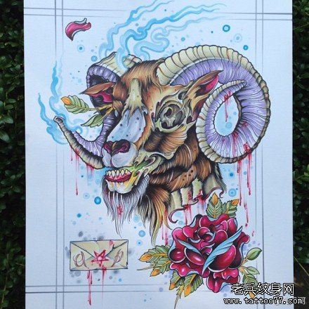 流行很帅的一幅羊头纹身手稿