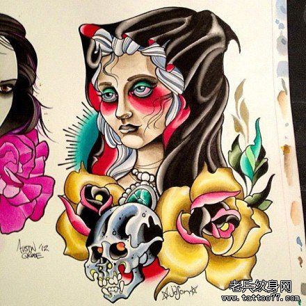 一幅school风格的欧美美女纹身手稿