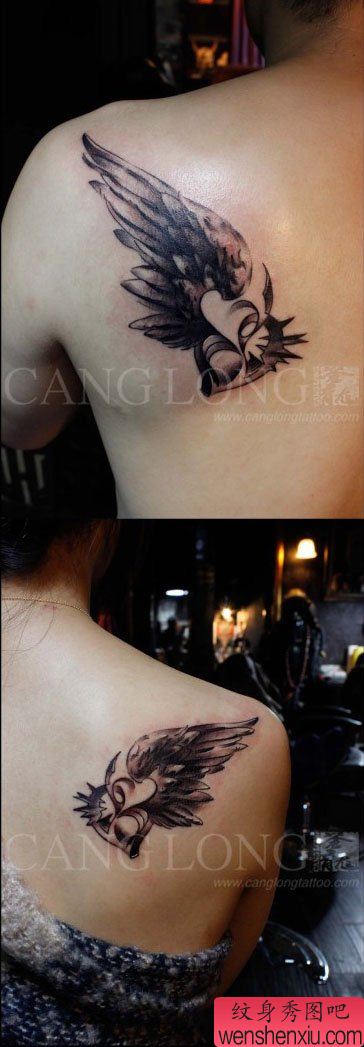 肩背唯美流行的情侣翅膀纹身图案