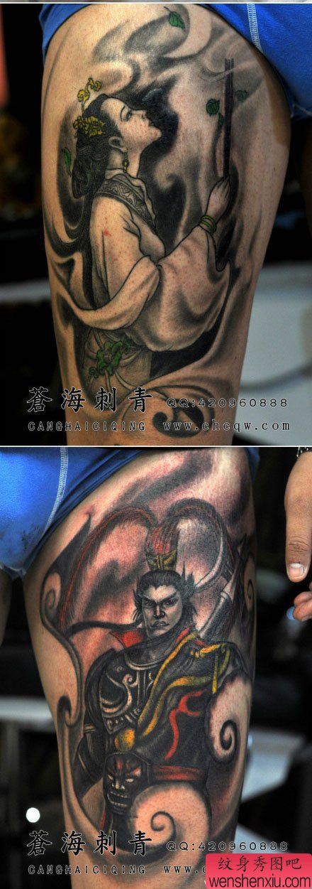 腿部吕布与貂蝉纹身图案