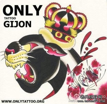 流行很帅的一幅豹头皇冠纹身手稿