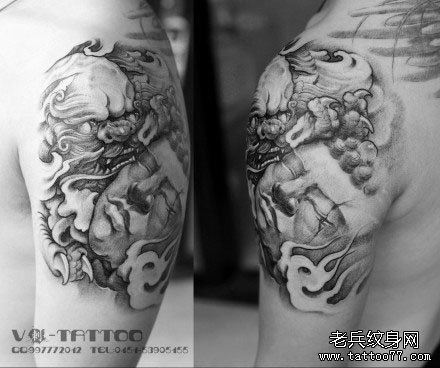 手臂经典很帅的唐狮佛头纹身图案