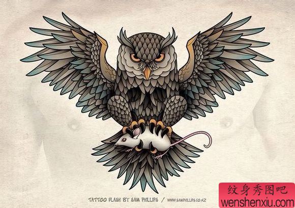 流行流行的一幅黑白猫头鹰纹身手稿