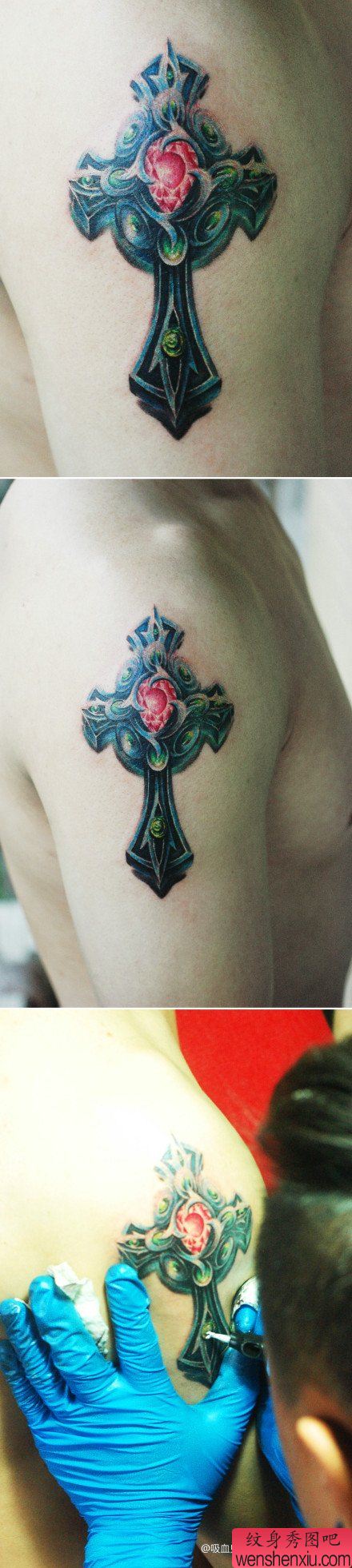 手臂很帅精美的一幅十字架纹身图案