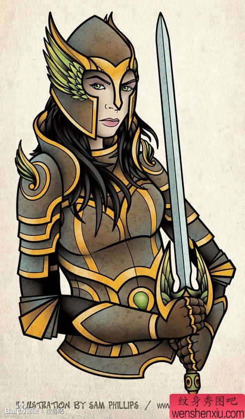 流行漂亮的一幅美女骑士纹身手稿