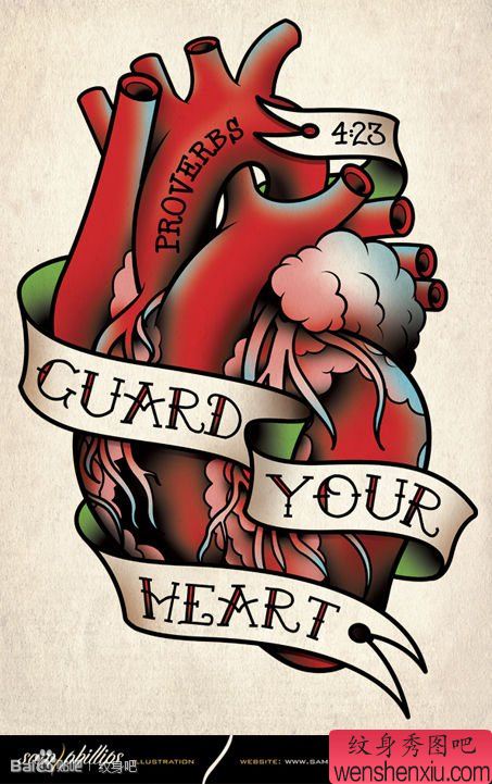 一幅流行精美的心脏纹身手稿