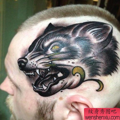男性头部帅气流行的狼头纹身图案