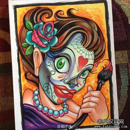 流行另类的一幅亡灵装女郎纹身手稿