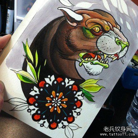 超帅很酷的一幅豹头纹身手稿