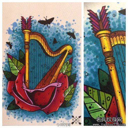 一幅精美流行的竖琴纹身手稿