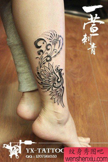 女生腿部漂亮精美的图腾凤凰纹身图案