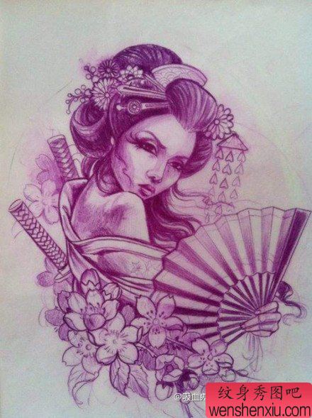 一幅漂亮的美女艺妓纹身手稿