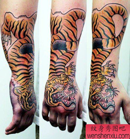手臂到手背流行很酷的老虎纹身图案