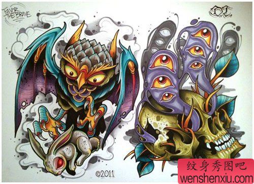 流行很帅的猫头鹰与骷髅纹身手稿　