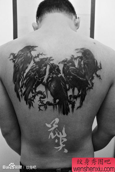 男性后背流行很帅的乌鸦纹身图案