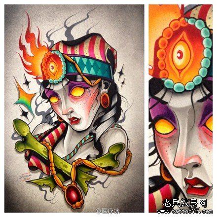 流行很酷的一幅欧美女郎纹身手稿