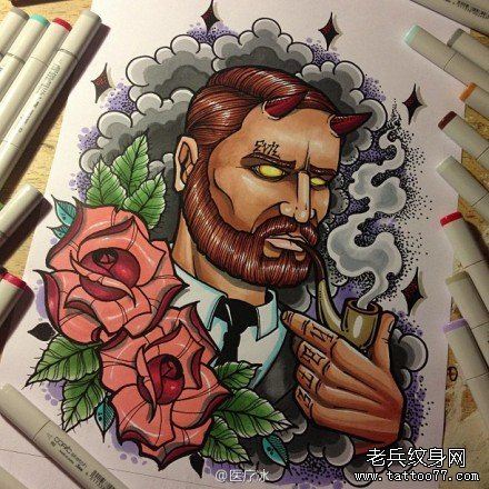 流行很酷的一幅恶魔男士纹身手稿