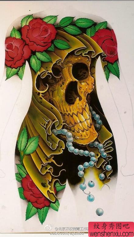 流行很酷的一幅满背骷髅纹身手稿