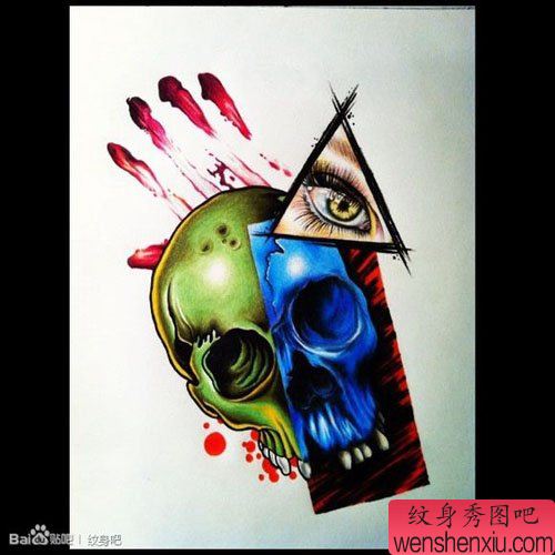 流行很帅的一幅彩色骷髅纹身手稿