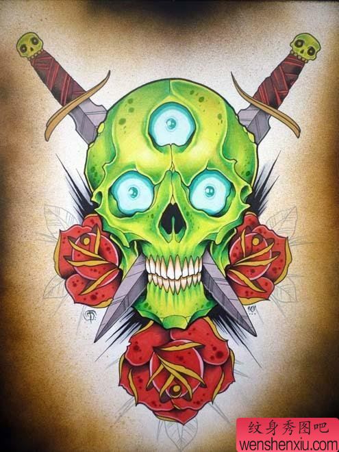 流行帅气的一幅彩色骷髅纹身手稿