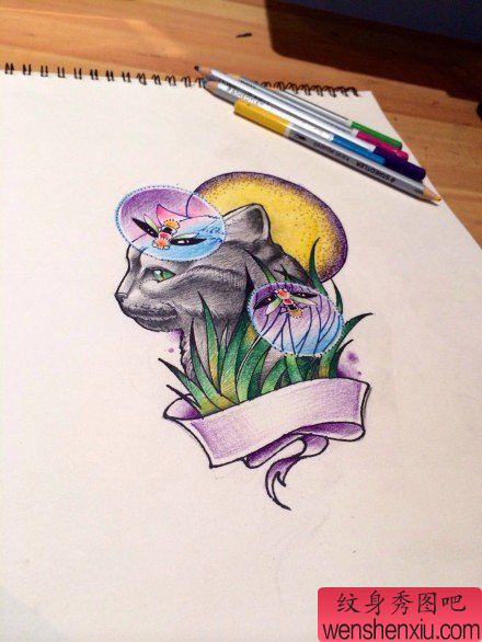 流行经典的一幅猫咪纹身手稿