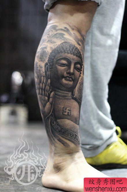 腿部经典帅气的一幅如来佛祖纹身图案