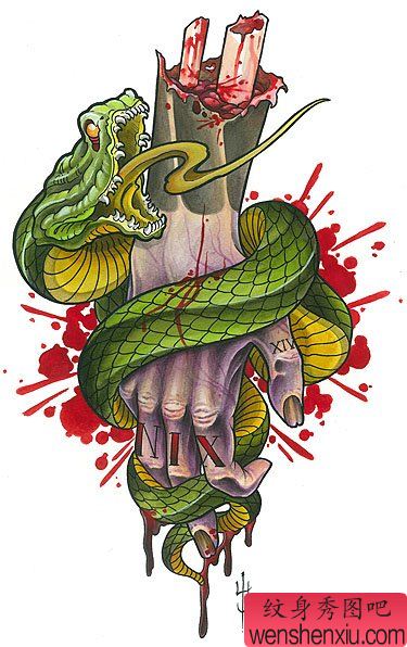 流行很酷的一幅鬼手与蛇纹身图案