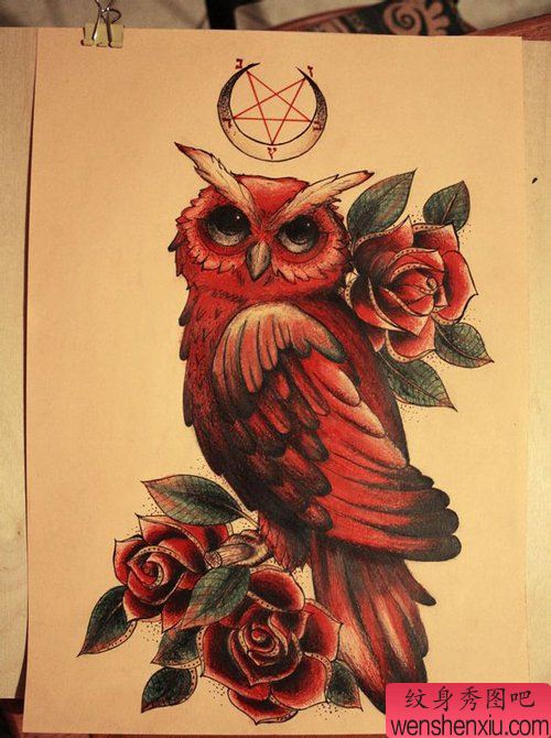 很酷流行的一幅猫头鹰纹身图案