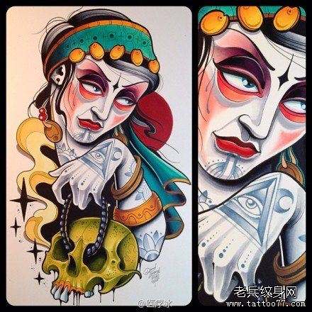 流行很酷的school风格的美女纹身手稿