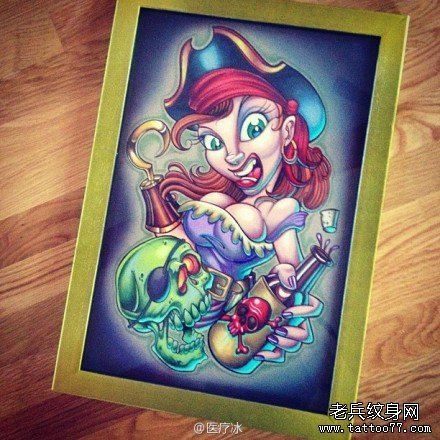 一幅流行很酷的海盗美女纹身手稿