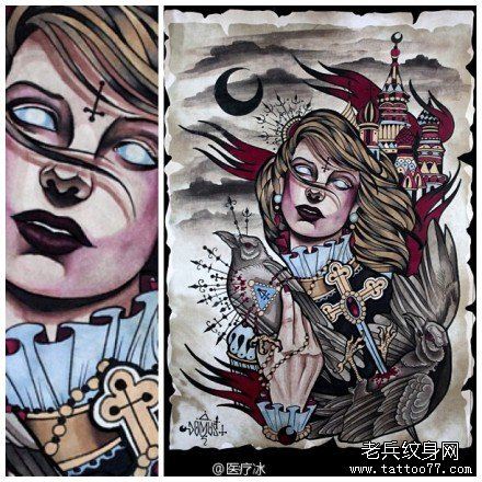 流行流行的欧美美女与乌鸦城堡纹身手稿