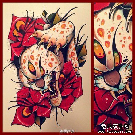 流行很酷的一幅豹头纹身手稿