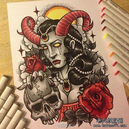 流行漂亮的恶魔美女纹身手稿