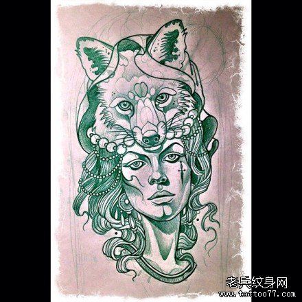 流行漂亮的美女与狐狸纹身手稿