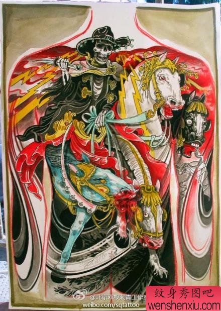 流行很酷的满背骷髅骑士纹身图案