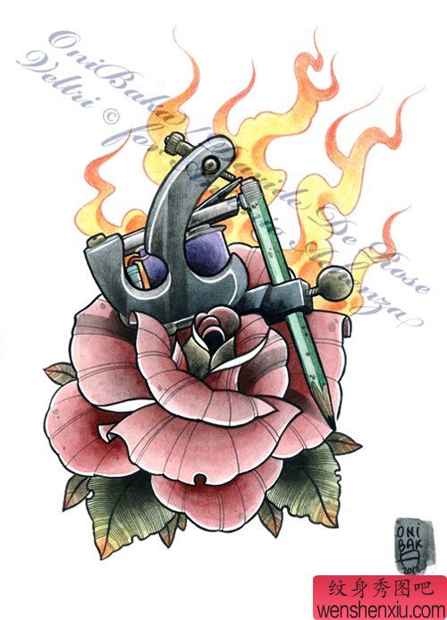 流行流行的一幅纹身机与玫瑰花纹身手稿