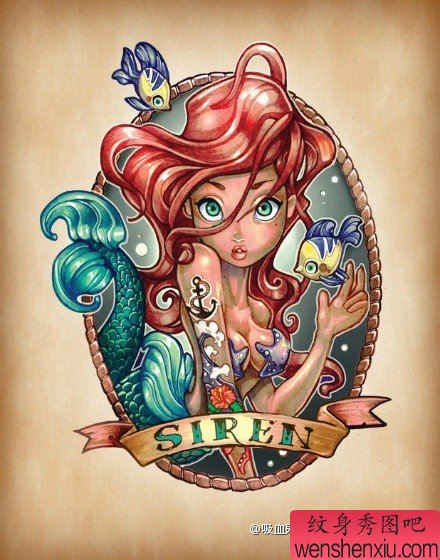 一幅可爱的美人鱼纹身图案